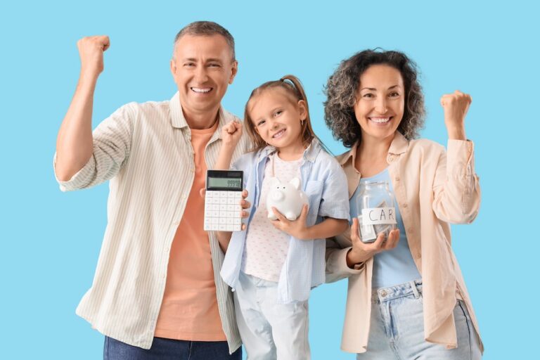 happy family with piggy bank, money jar and calculator showing yes gesture on blue background